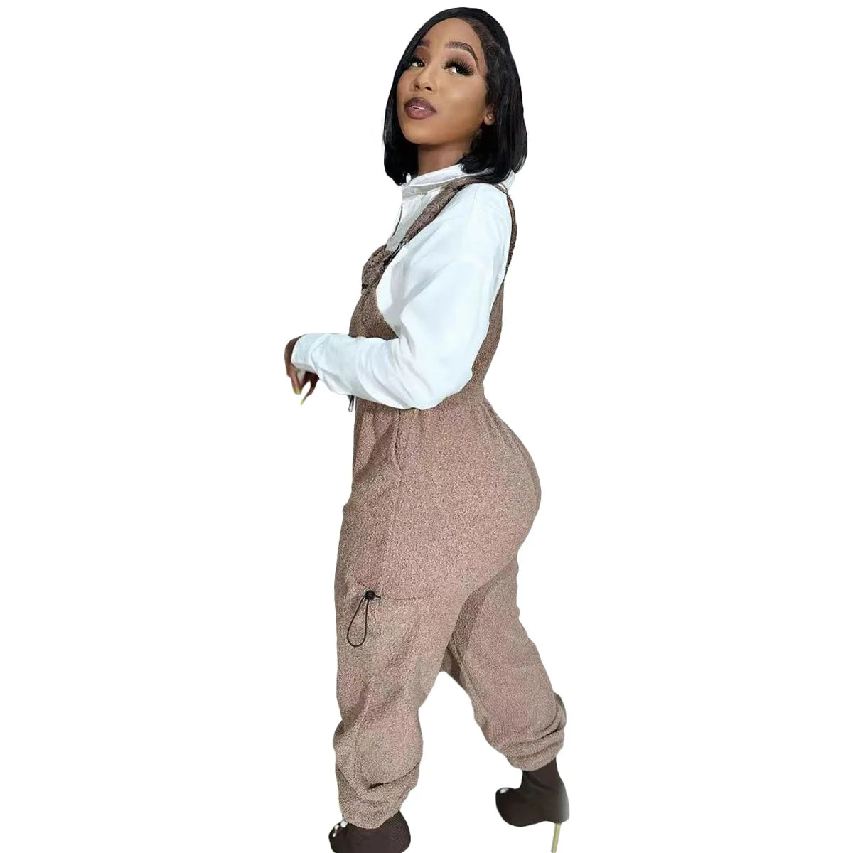 Lace Up Jumpsuit Women One Piece Jumpsuits Fur Rompers High Waist Spring Autumn Pants Mom Overalls Playsuits Elegant Pink