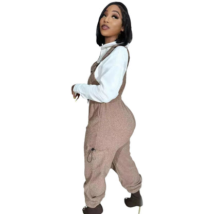 Lace Up Jumpsuit Women One Piece Jumpsuits Fur Rompers High Waist Spring Autumn Pants Mom Overalls Playsuits Elegant Pink