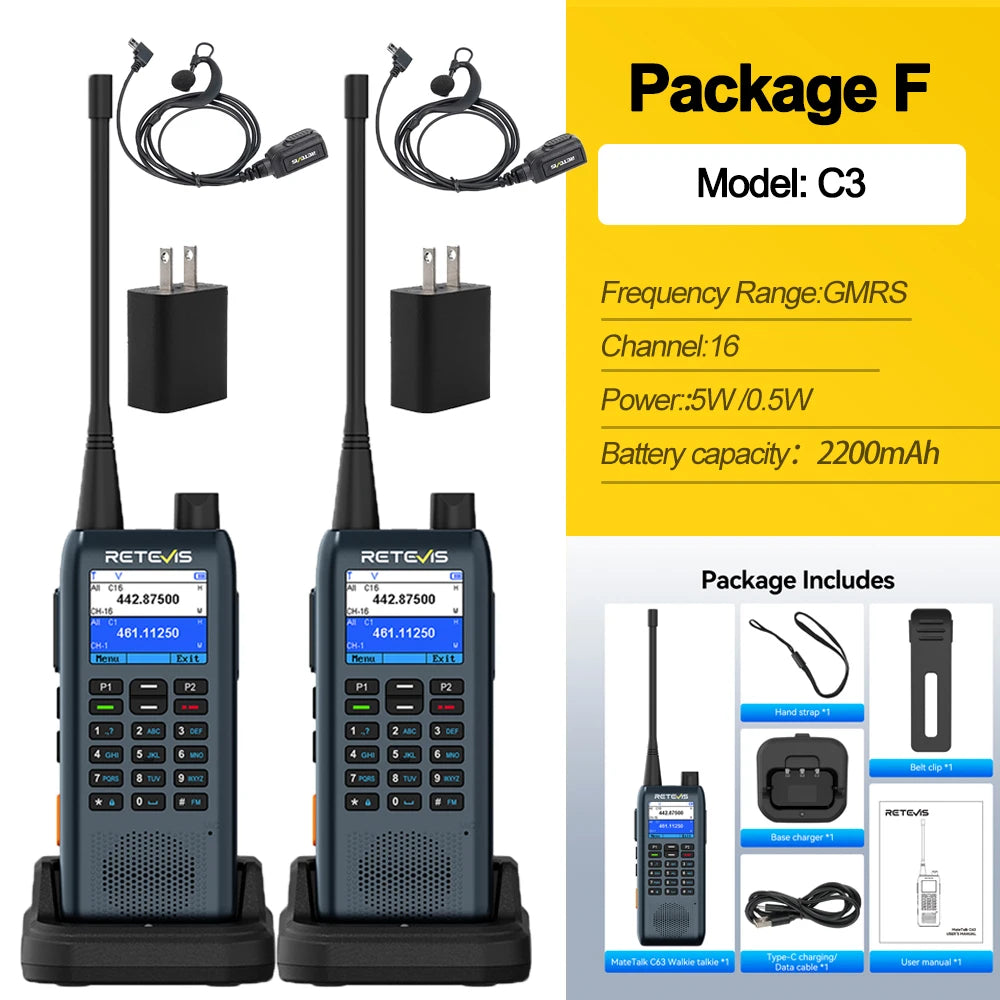 Retevis C63 UHF Walkie Talkie Portable 5W Long-lasting Battery Communication Radio LCD Screen TypeC Emergency for Hotel Security