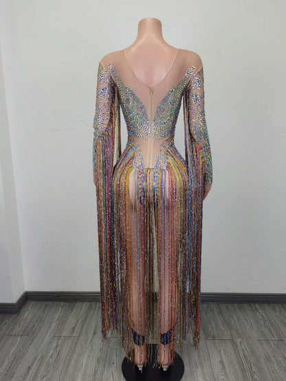 Fashion Rhinestone Tassel Rompers Women One Piece Jumpsuits Sexy Women Party Prom Stage Performance Dance Leotard Club Bodysuits