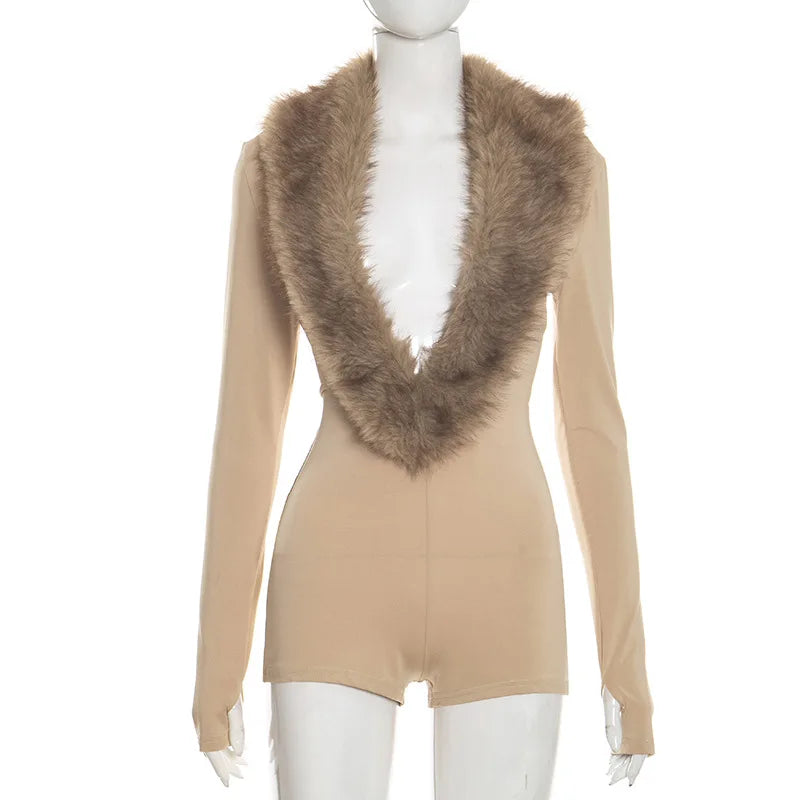 Deep V-Neck Fluffy Faux Fur Collar Short Jumpsuits for Women 2026 Fall Winter Fashion Long Sleeve Playsuits One-Pieces Rompers