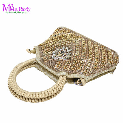 Gold Color New Arrivals Italian Design Nigerian Women Shoes and Bag Set Pointed Toe Slipper with Shinning Crystal for Party