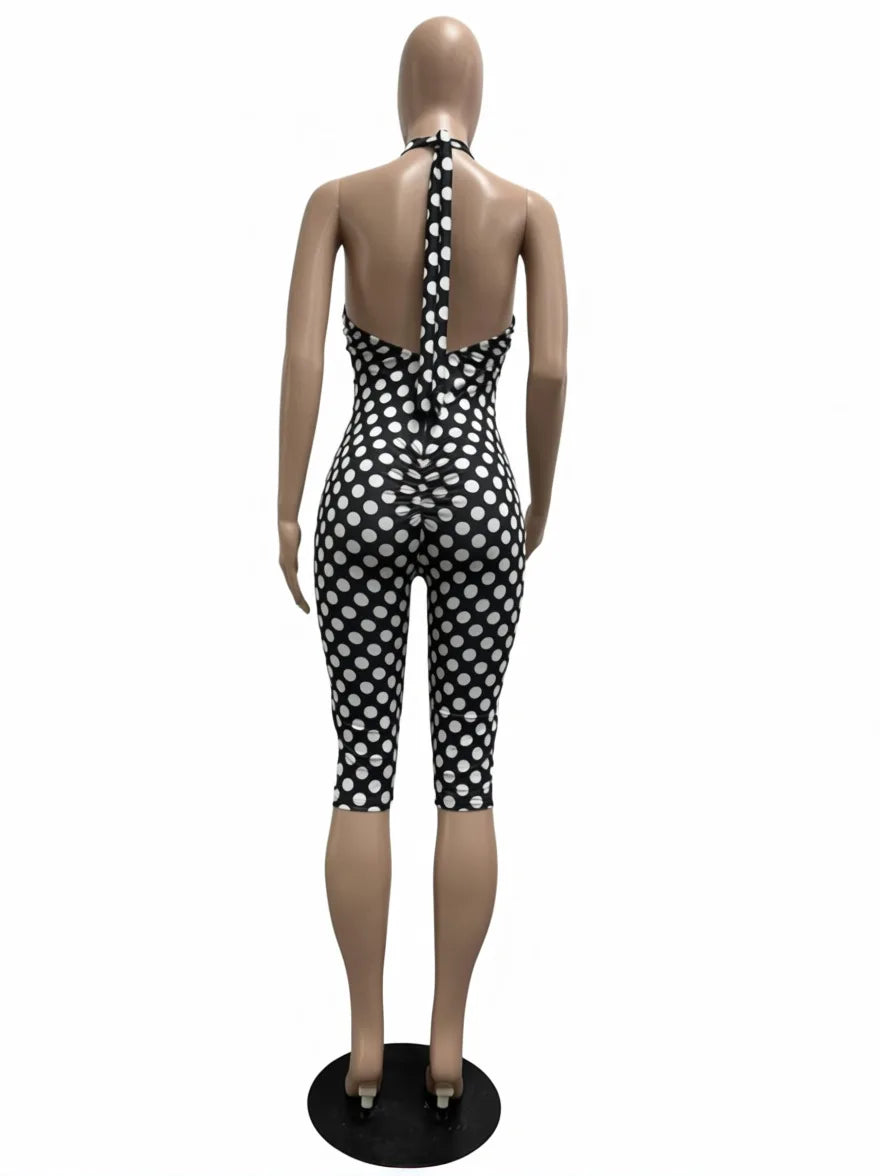 European and American New Style Women's Clothing Spring and Summer Polka Dot Print Elastic Halter Neck Backless Slim Fit Jumpsuit Women's Jumpsuit
