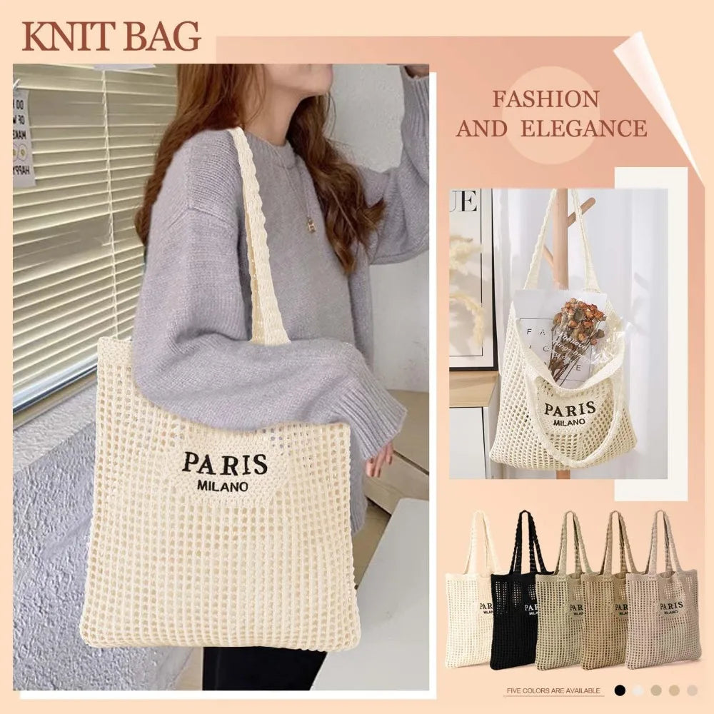 Crochet Tote Bag for Women, Crochet Mesh Beach Tote Bag Summer Vacation Aesthetic Boho Knit Bag for Women