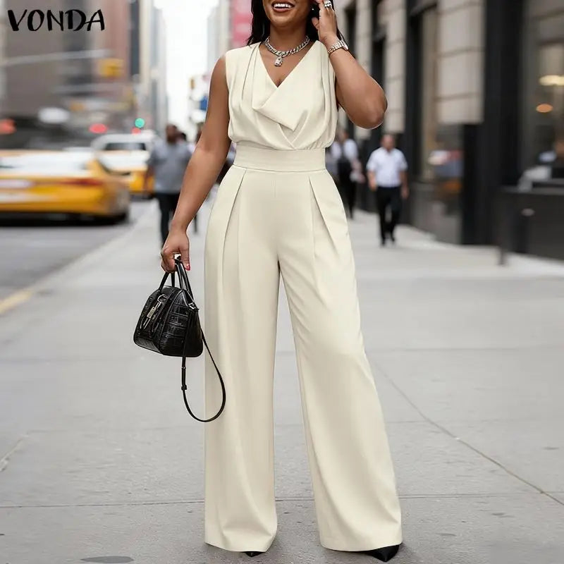 VONDA Summer Women Jumpsuits Sleeveless Fashion Wide Leg  Jumpsuits Rompers Playsuit Elegant OL Work Overalls Solid Trousers