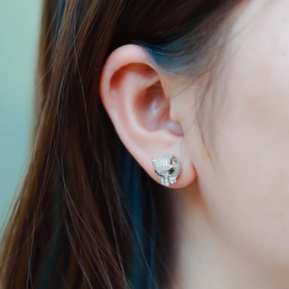 ALLNOEL 100% 925 Silver Stud Earrings For Women Leopard Head Green CZ Eye Panther Animal Jewelry Hip Hop Punk Gift Wholesale