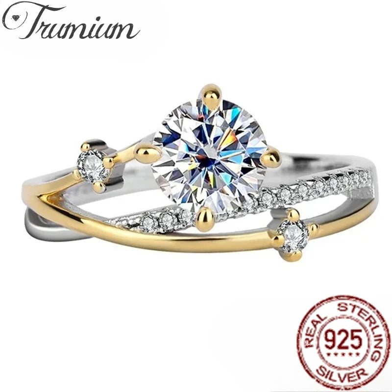 Trumium 1CT VVS1 Moissanite Rings for Women Star Trail Band 925 Sterling Sliver Engagement Ring with Certificate Gold Plated