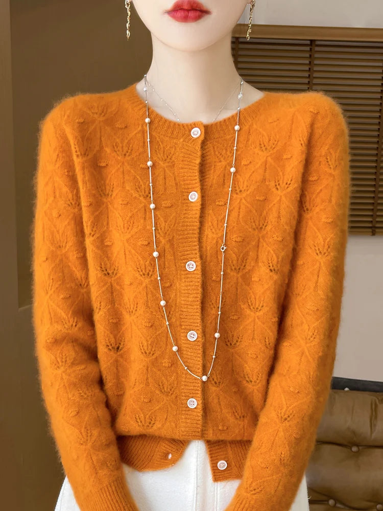 New Autumn Winter Soft Warm Cardigan Woman Cashmere Sweater O-neck Women 100% Merino Wool Sweater Loose Fit Hollow out Top Coat