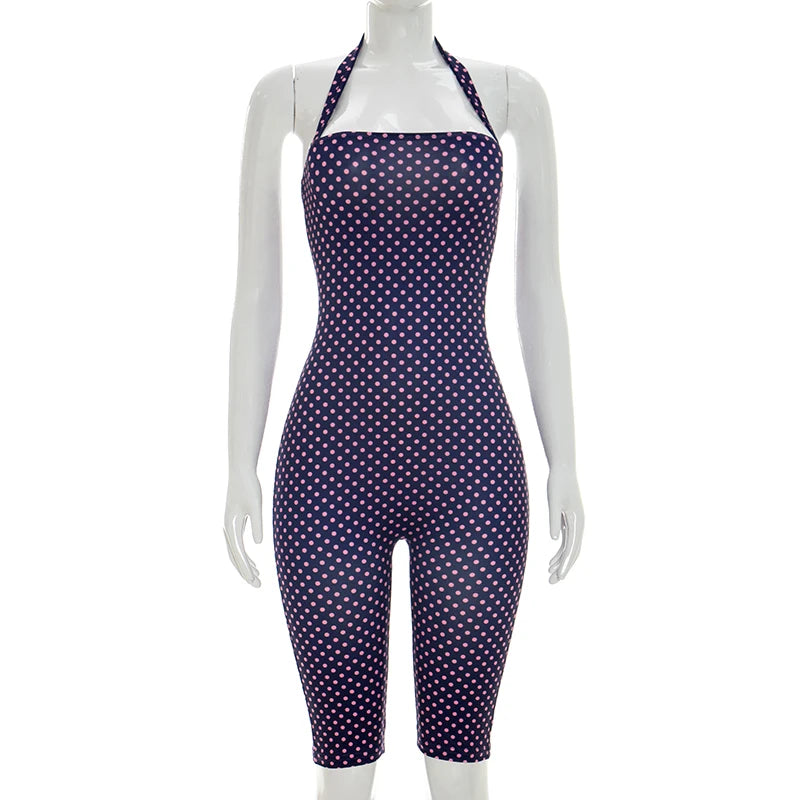 Fashionable polka dot sleeveless hanging neck slim fit jumpsuit, seven part jumpsuit