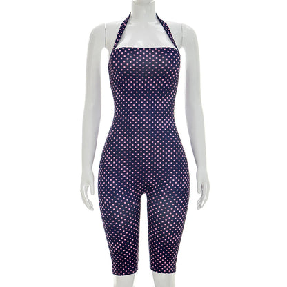 Fashionable polka dot sleeveless hanging neck slim fit jumpsuit, seven part jumpsuit