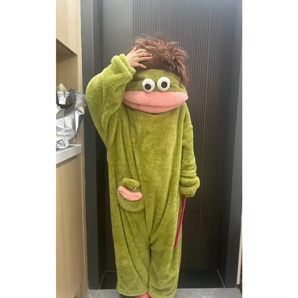 Cute Big Mouth Monster Onesie Pajamas Thick Coral Fleece Homewear Funny Couple Sleepwear for Men Women Autumn Winter Lounge Wear