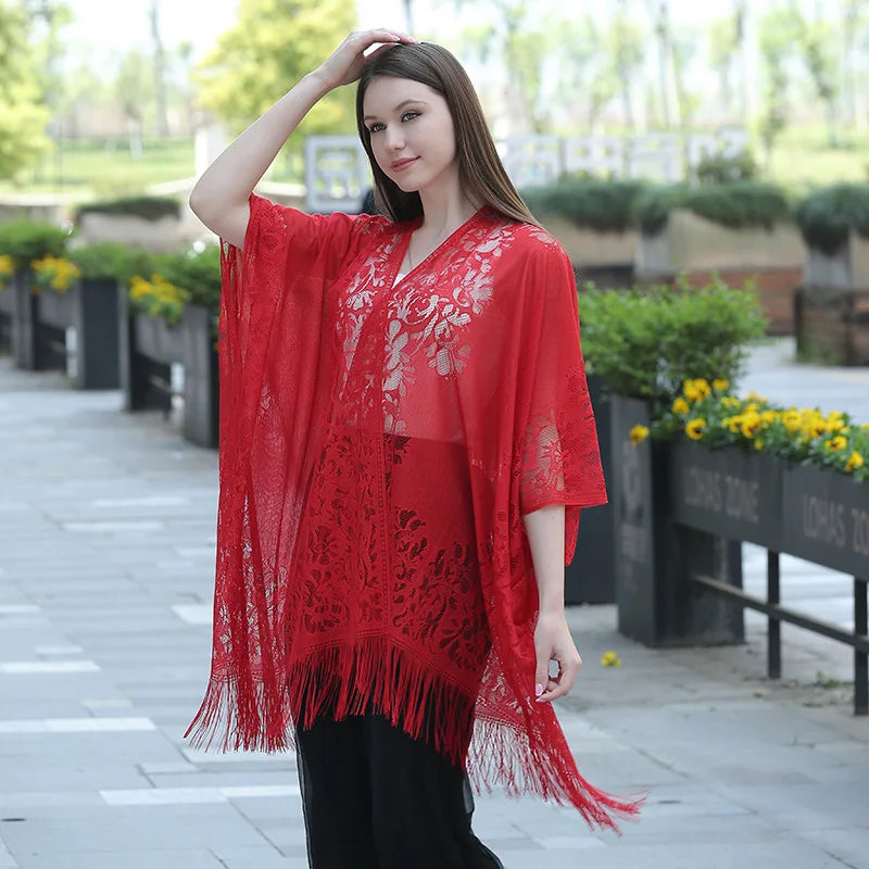 New Leakage Cardigan Shawl Lace Tassel Women's Fashion Versatile High-End Solid Color Hollow Tourism Vacation Beach Cape Sunscre