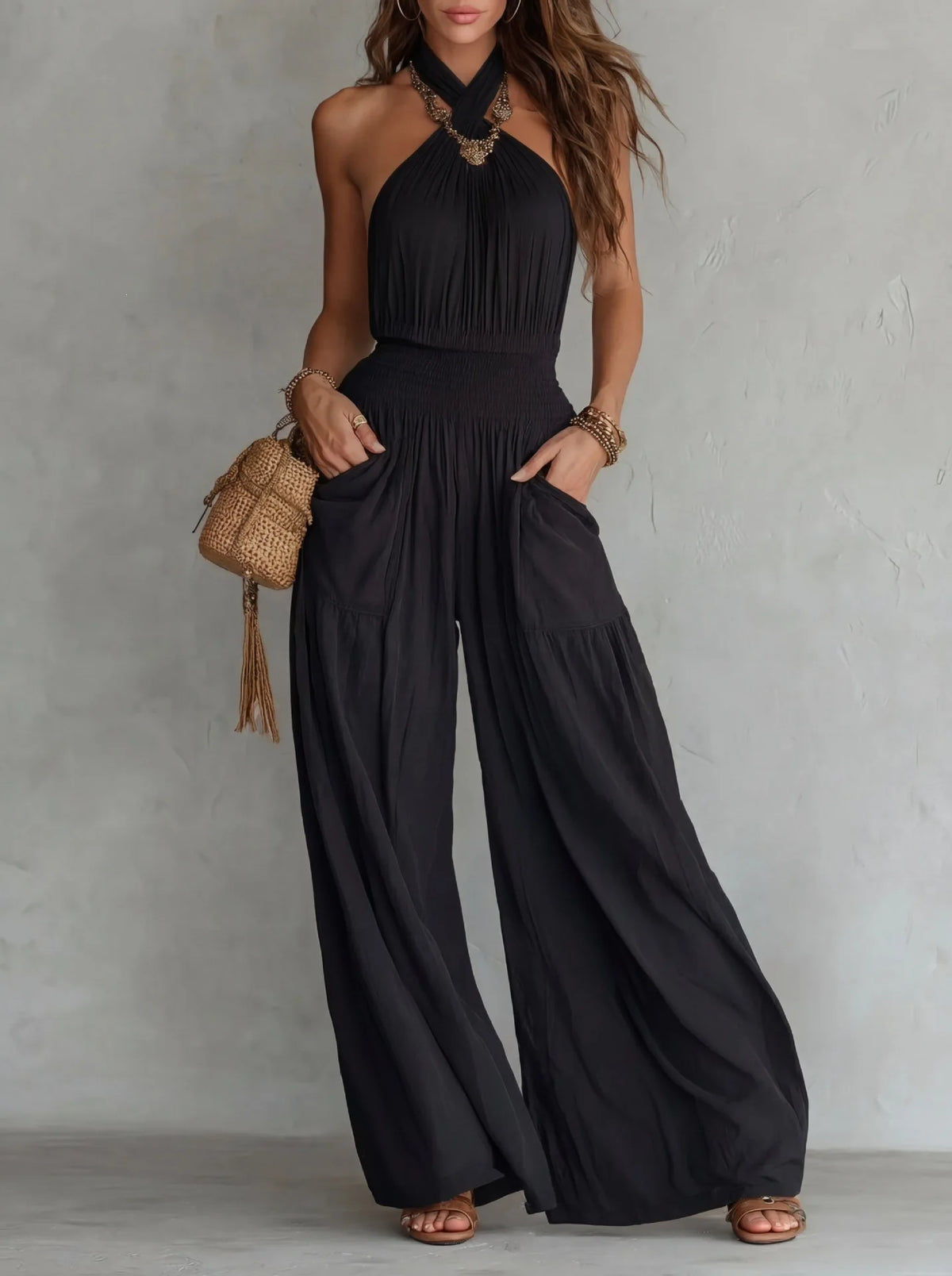 Retro Solid Women's Loose Wide Leg Jumpsuit Fashion Neck Hanging Design Sexy Backless Romper With Pocket Ladies Office Jumpsuits
