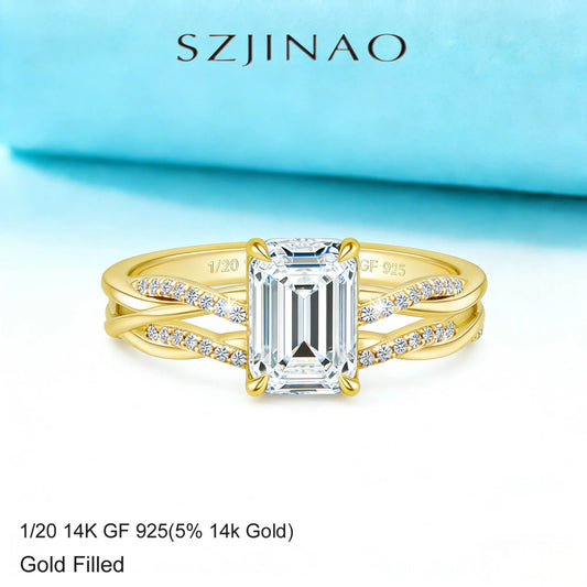 14K Gold Filled Emerald Cut 3ct Moissanite Ring Set Twisted Double Band Engagement Wedding Ring for Bride Luxury Bridal Jewelry