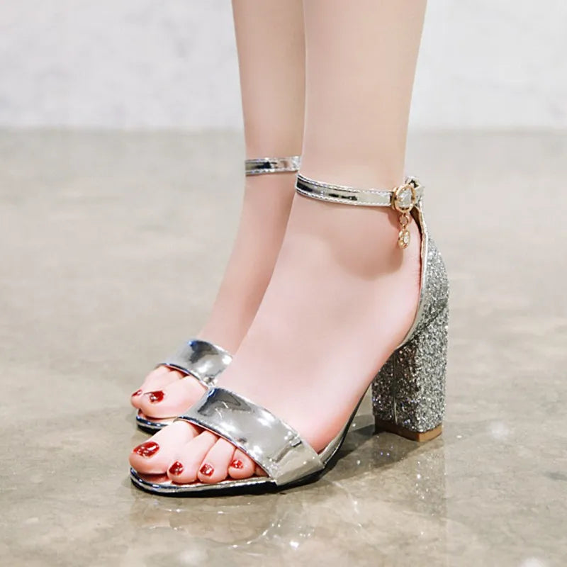 Luxury Silver Gold Summer Sandals for Women Elegant Block High Heels Flip Flop Sequined Party Wedding Shoes Ladies Large Size 45