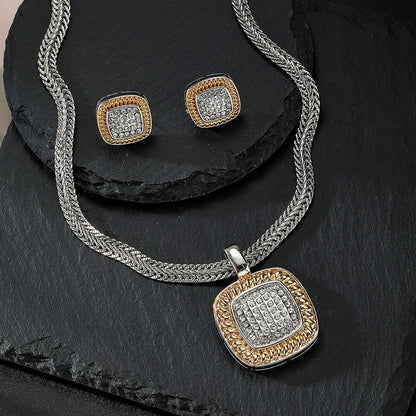 Zircon Necklace Set Geometric Square Shape Pendant Earrings Copper Plated 18K Gold Jewelry Set