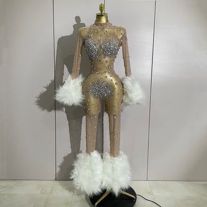STOCK Luxury Diamond Black Mesh Transparent Stretchy Long Sleeve Jumpsuit Women Sexy Performance Singer Costume Nightclub Outfit