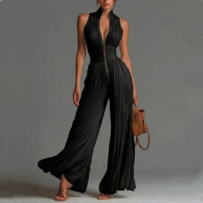 Women Elegant Chiffon Sleeveless Jumpsuit High Waist Pleated Flowy Wide Leg One Piece Overalls Holiday Casual Streetwear Rompers