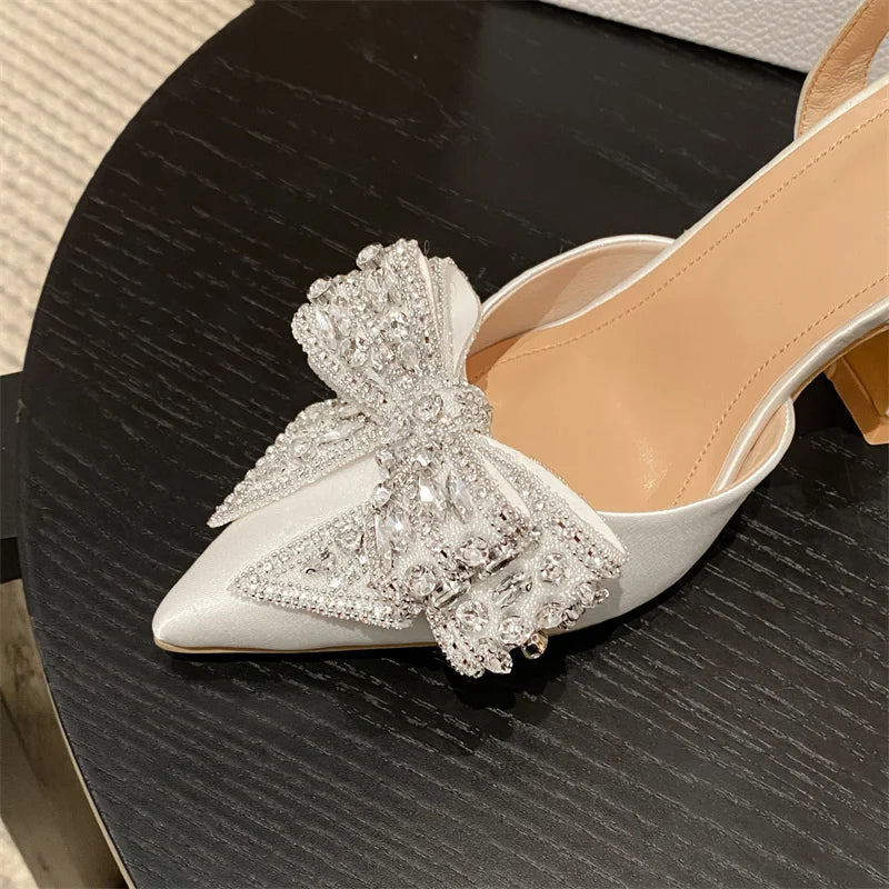 Liyke Fashion Sequined Crystal Bowknot Women Pumps Sexy Pointed Toe Red High Heels Wedding Banquet Shoes Ladies Slingback Sandal