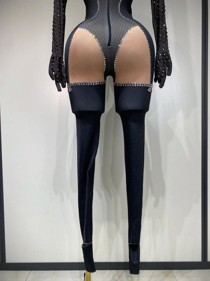 STOCK Sparkly Diamond Women Sexy Mesh Jumpsuit Nightclub Bar Party Show Gogo Dancer Clothing Drag Queen Outfit Stage Costume