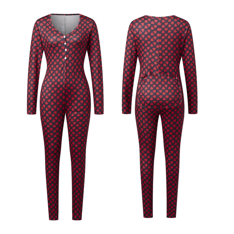 Womens Heart Printed Lounge Jumpsuits Button Up V Neck Long Sleeve Bodycon Romper Overalls for Daily Life Valentine's Day