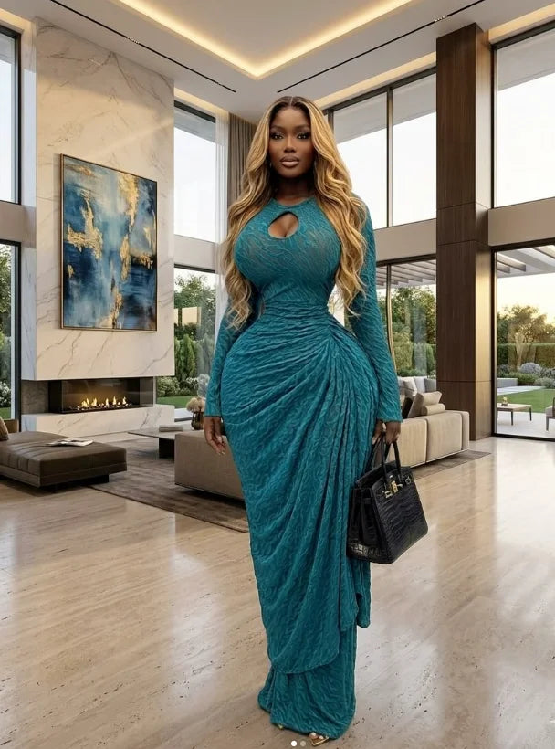 CM.YAYA Women O-neck Ribbon Ruched Long Sleeve Bodycon Maxi Long Dress 2026 Summer Sexy Birthday Party Vacation Trendy Dresses