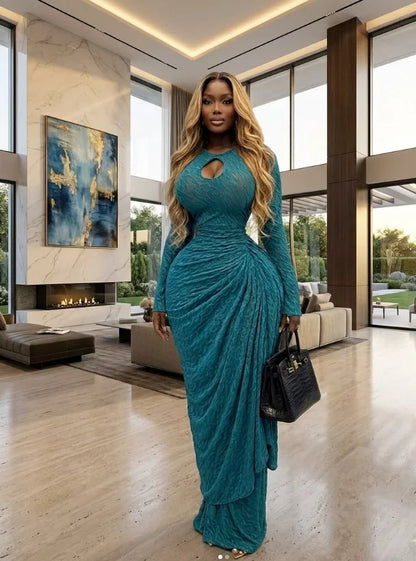 CM.YAYA Women O-neck Ribbon Ruched Long Sleeve Bodycon Maxi Long Dress 2026 Summer Sexy Birthday Party Vacation Trendy Dresses