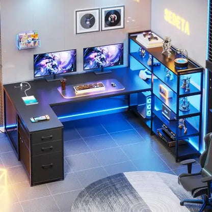 L Shaped Gaming Desk, Reversible U Shaped Computer Desk with Power Outlet and Storage Shelves, Corner Gaming Desk with