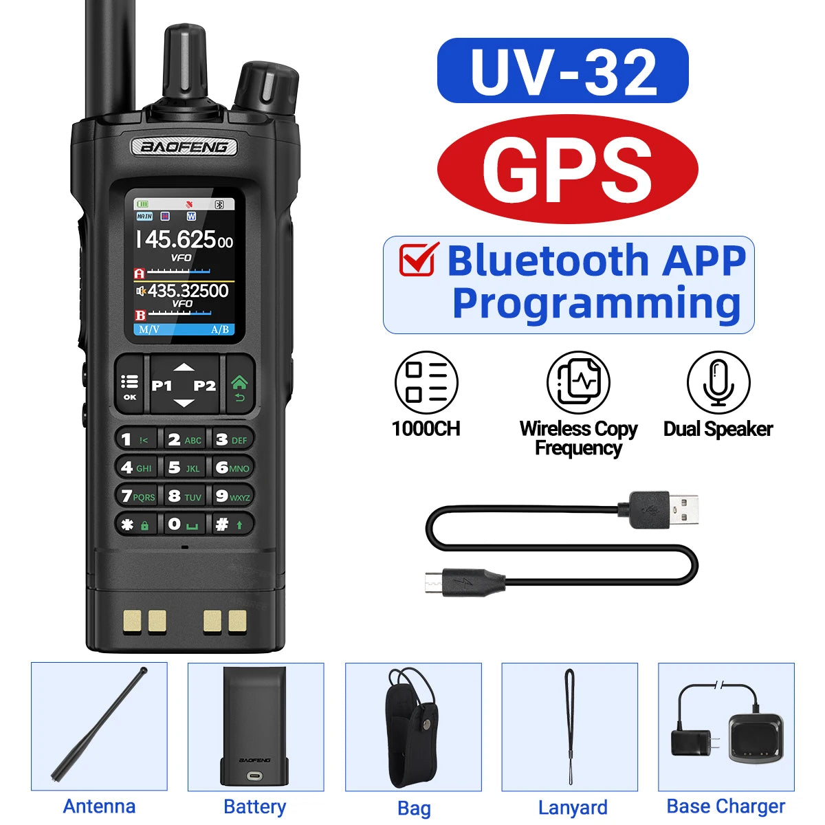 Baofeng UV-32 Walkie Talkie GPS 10W High Tri Power Bluetooth Wireless Programming UHF VHF Scrambler Type C Charge Two Way Radio