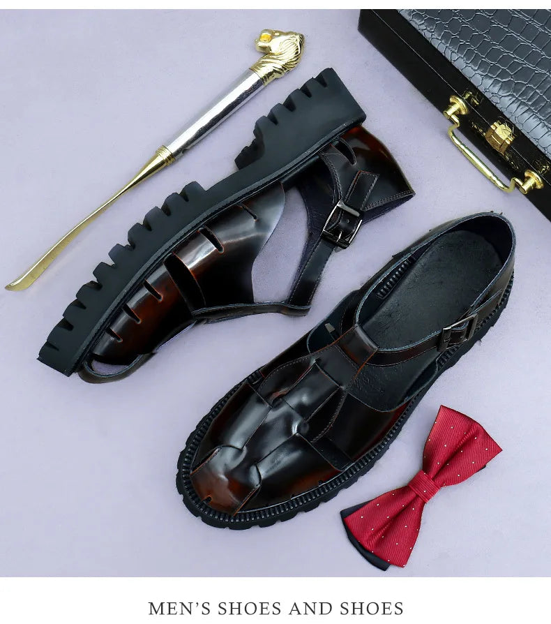 4.5Cm Thick Sole Heightening Sandals Men's Glossy Cowhide Buckle Business Casual British Genuine Leather Summer Sandals for Men