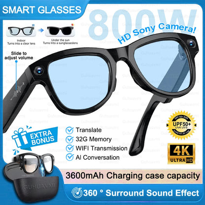 AI Smart Glasses 4KHD Camera 3600mAh Charging Case 120+Language Translation Bluetooth Call Music Sunglasses Outdoor Color Change