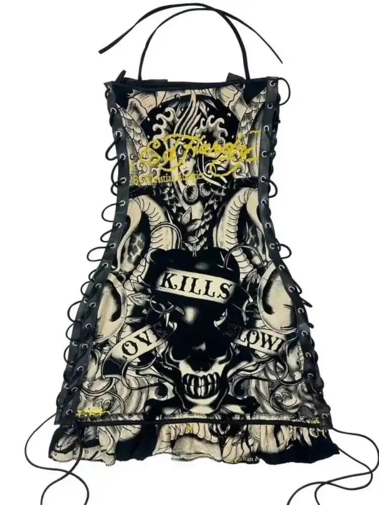 Halter Printed Y2k Line Up Wacky Contrast Dress Women Gothic Party Sexy Hollow Bandage Halloween Makeup Dresses Outwear LX61