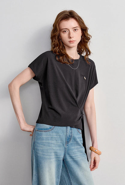 TOYOUTH Women's Asymmetric Wrap Tie T-Shirt 2026 Summer New Long Sleeve Starfish Print Loose Pullover Top