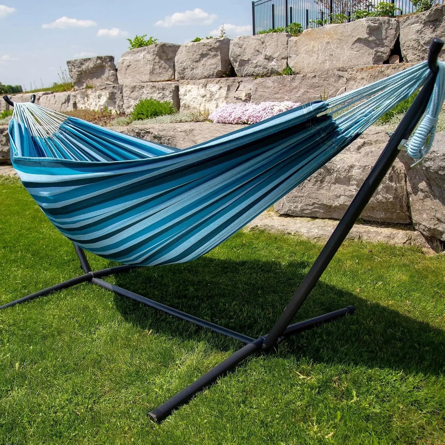 Double Cotton Hammock with Steel Stand, 450 lb Capacity, Carry Bag