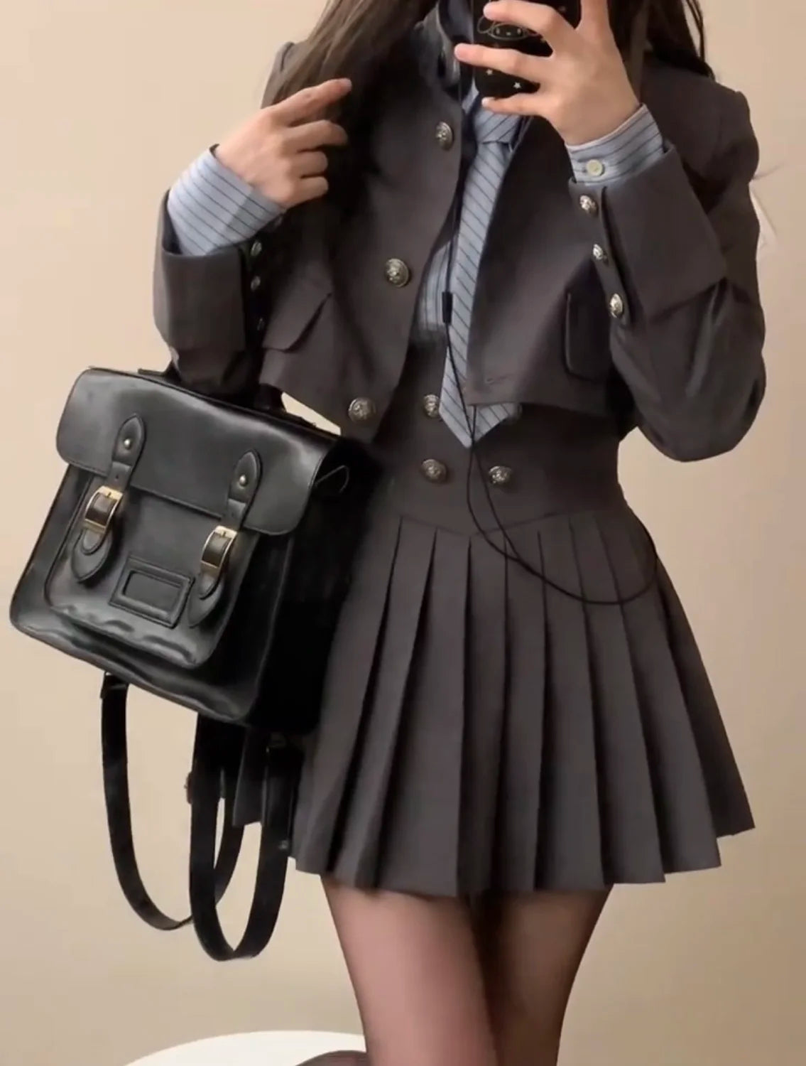 Spring 2025 Preppy Style American Uniform Set Girls Short Suit Coat Long Sleeve Striped Shirt Slim High Waist Pleated Skirt Grey