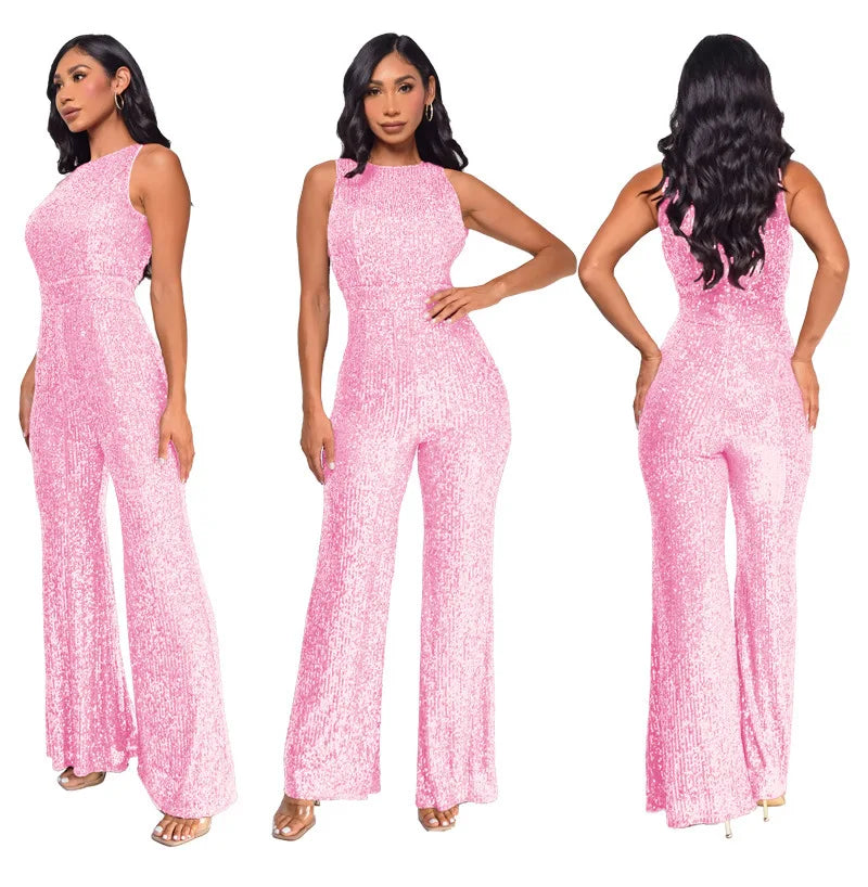 Bling Bling Sequined Club Jumpsuit Sexy Women O-neck Elegant Shiny Sliver Gold Sequins Straight Romper Overalls