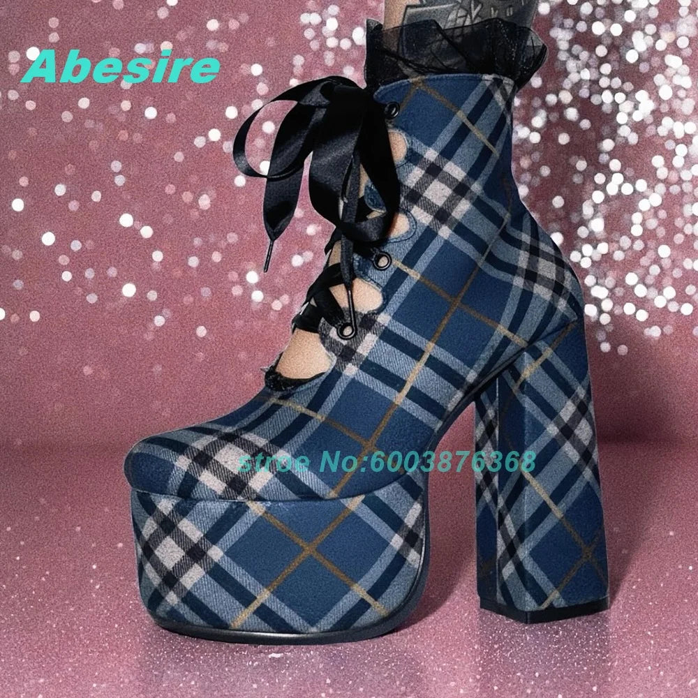 Blue Black Plaid Ankle Boots Platform Lace-Up Hollow Out chunky heels women's boots Sweet Cool Gothic Y2K Daily Wear Shoes