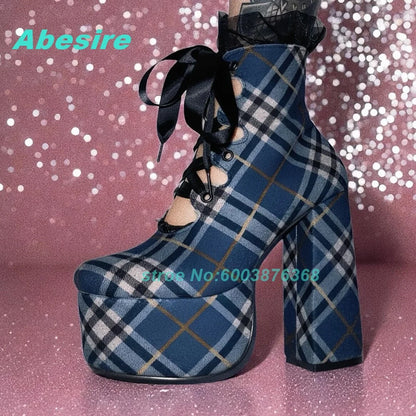Blue Black Plaid Ankle Boots Platform Lace-Up Hollow Out chunky heels women's boots Sweet Cool Gothic Y2K Daily Wear Shoes