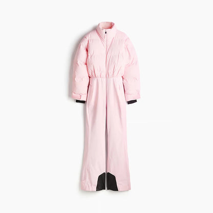 Fashion Pink Faux Fur Patchwork Hood Ski Jumpsuit Women Stand Collar Zipper Slim Pocket One Piece Suit 2026 Winter Lady Skiwears