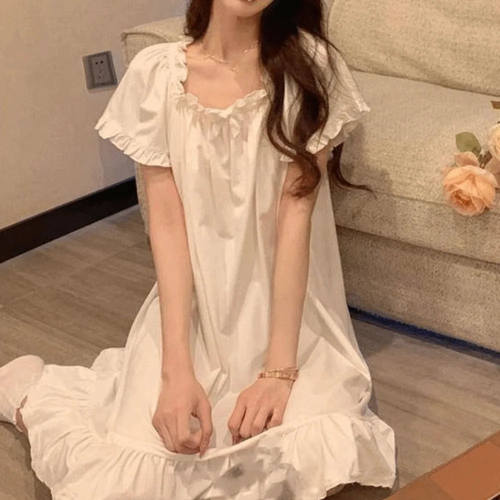 Casual Bowknot Women's Pajama Dress Short Sleeve Loose Ruffle Nightdress Home Wear Sleepwear Princess Nightgown Female