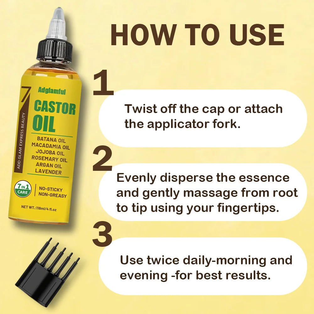 7-in-1 Hair Oil 118ml No-Rinse Set (Oil + Comb) – Castor, Rosemary & Lavender for Split Ends, Shine & Frizz Control