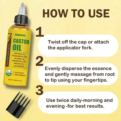 7-in-1 Hair Oil 118ml No-Rinse Set (Oil + Comb) – Castor, Rosemary & Lavender for Split Ends, Shine & Frizz Control