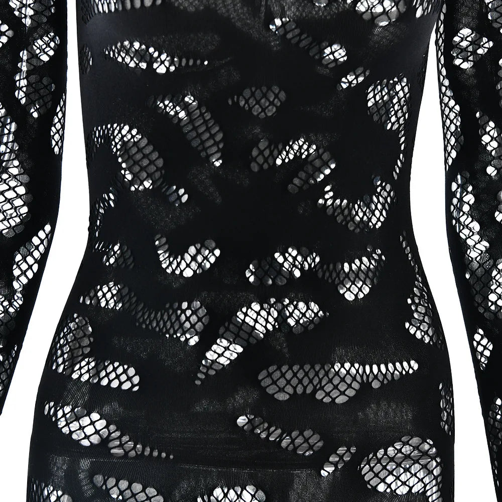 Weird Puss Irregular Hollow Jumpsuit Women Full Sleeve Button Sexy See Through Stylish Stretch Skinny Midnight Activity Overall