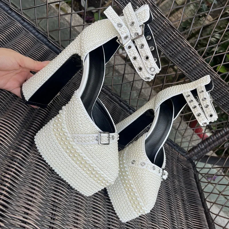2026 Women's Shoes 14cm Thick Heel Pointed Sandals 35-41 High Heel Waterproof Platform Woman Shoes Wedding Dress Luxury Pearl