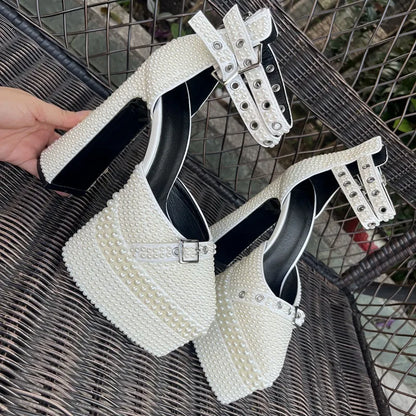 2026 Women's Shoes 14cm Thick Heel Pointed Sandals 35-41 High Heel Waterproof Platform Woman Shoes Wedding Dress Luxury Pearl
