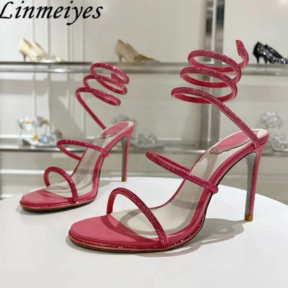 Summer Crystal Gladiator Sandals Women Rhinestone Twine Around Ankle Snake Wedding Shoes High Heels Sandals Woman
