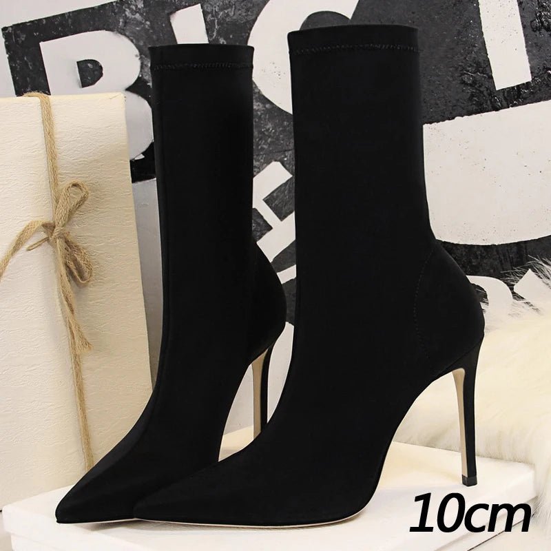 BIGTREE Shoes Stiletto Sexy Elastic Boots Women Shoes Sexy Stretch Fabric Ankle Boots Pointed Tip High Heels Boots Plus Size 43