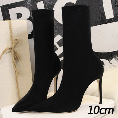 BIGTREE Shoes Stiletto Sexy Elastic Boots Women Shoes Sexy Stretch Fabric Ankle Boots Pointed Tip High Heels Boots Plus Size 43
