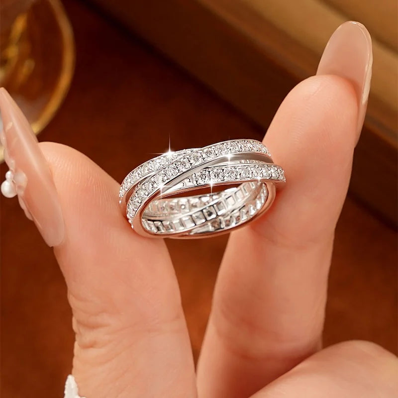 Rrjzz Light Luxury Full Moissanite Eternal Ring for Women Three-layer Cross D-Color Lab Imitation Diamond Birthday Jewelry Gifts