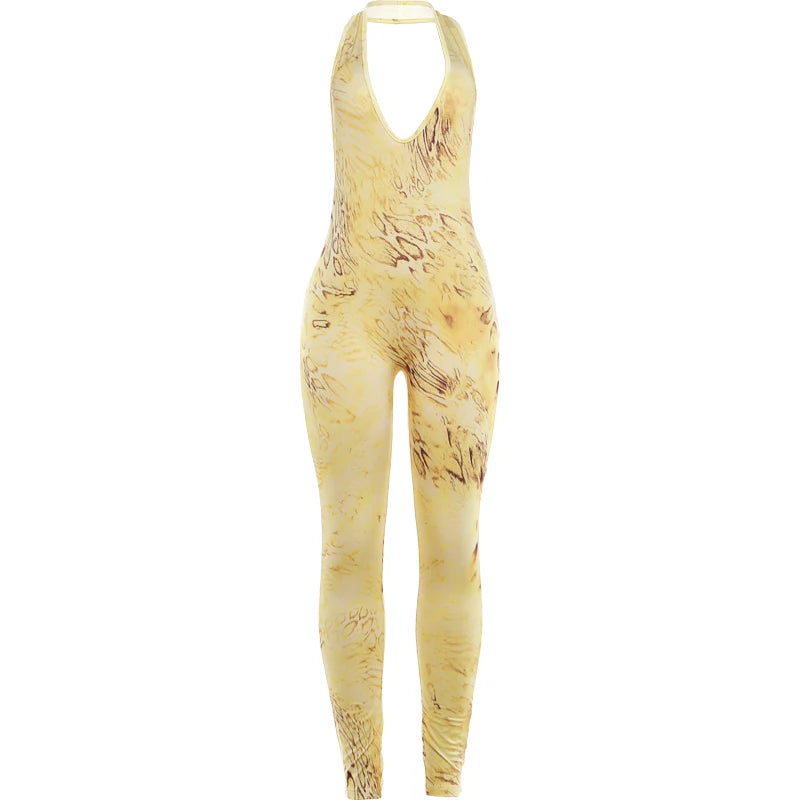 Weird Puss Colorful Print Jumpsuit Women Halter Deep v-Neck Sexy Backless Sleeveless Skinny Peach Hip Street Activity Overalls